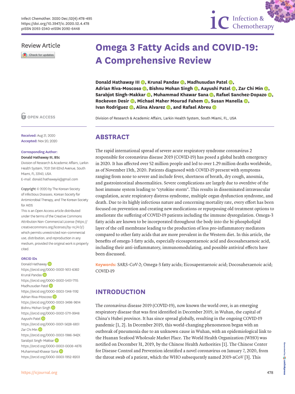 Omega 3 Fatty Acids and COVID-19: a Comprehensive Review