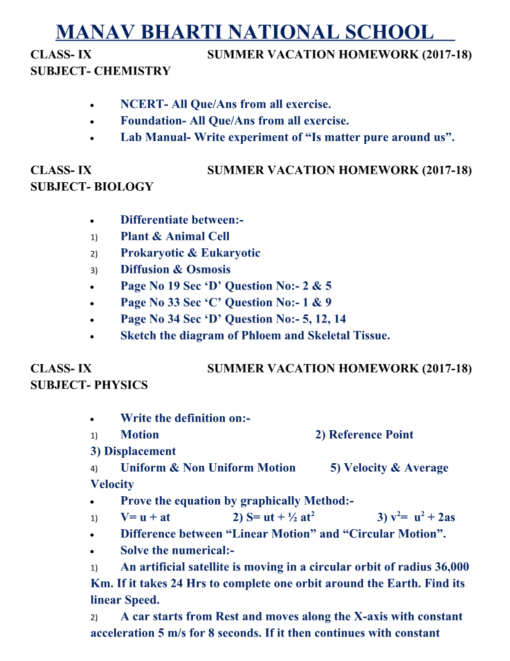 Class- Ix Summer Vacation Homework (2017-18) Subject- Chemistry