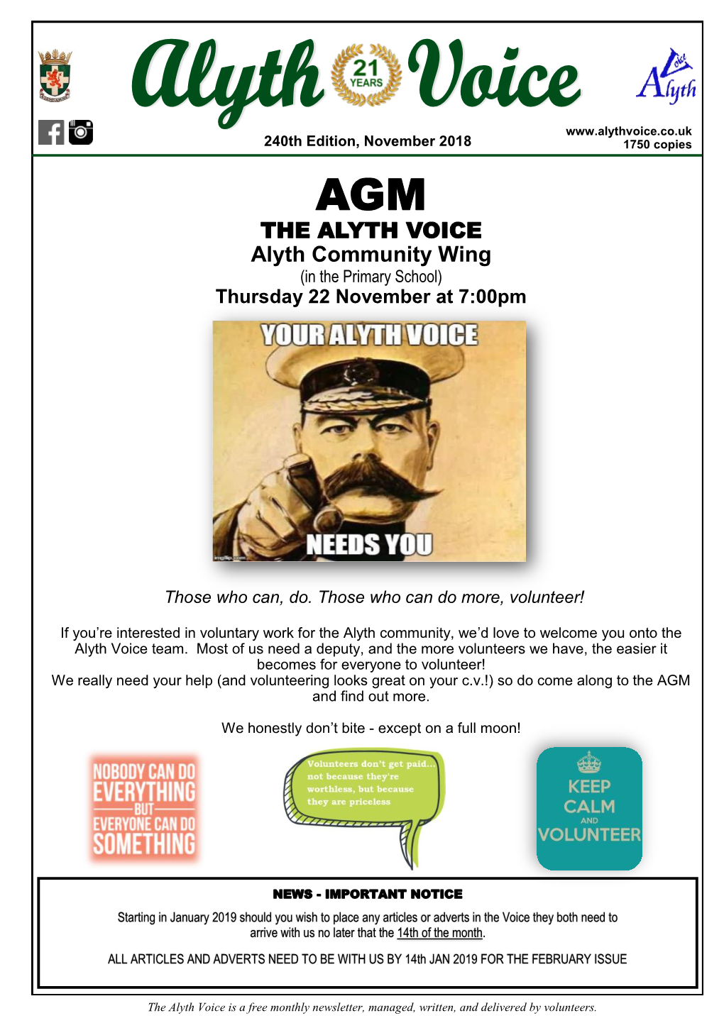 November 2018 1750 Copies AGM the ALYTH VOICE Alyth Community Wing (In the Primary School) Thursday 22 November at 7:00Pm