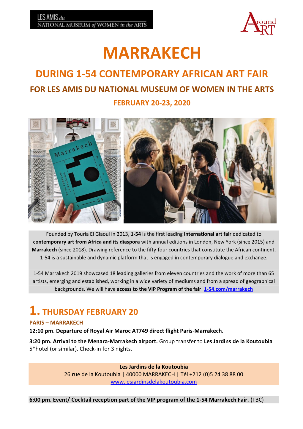 Marrakech During 1-54 Contemporary African Art Fair for Les Amis Du National Museum of Women in the Arts February 20-23, 2020