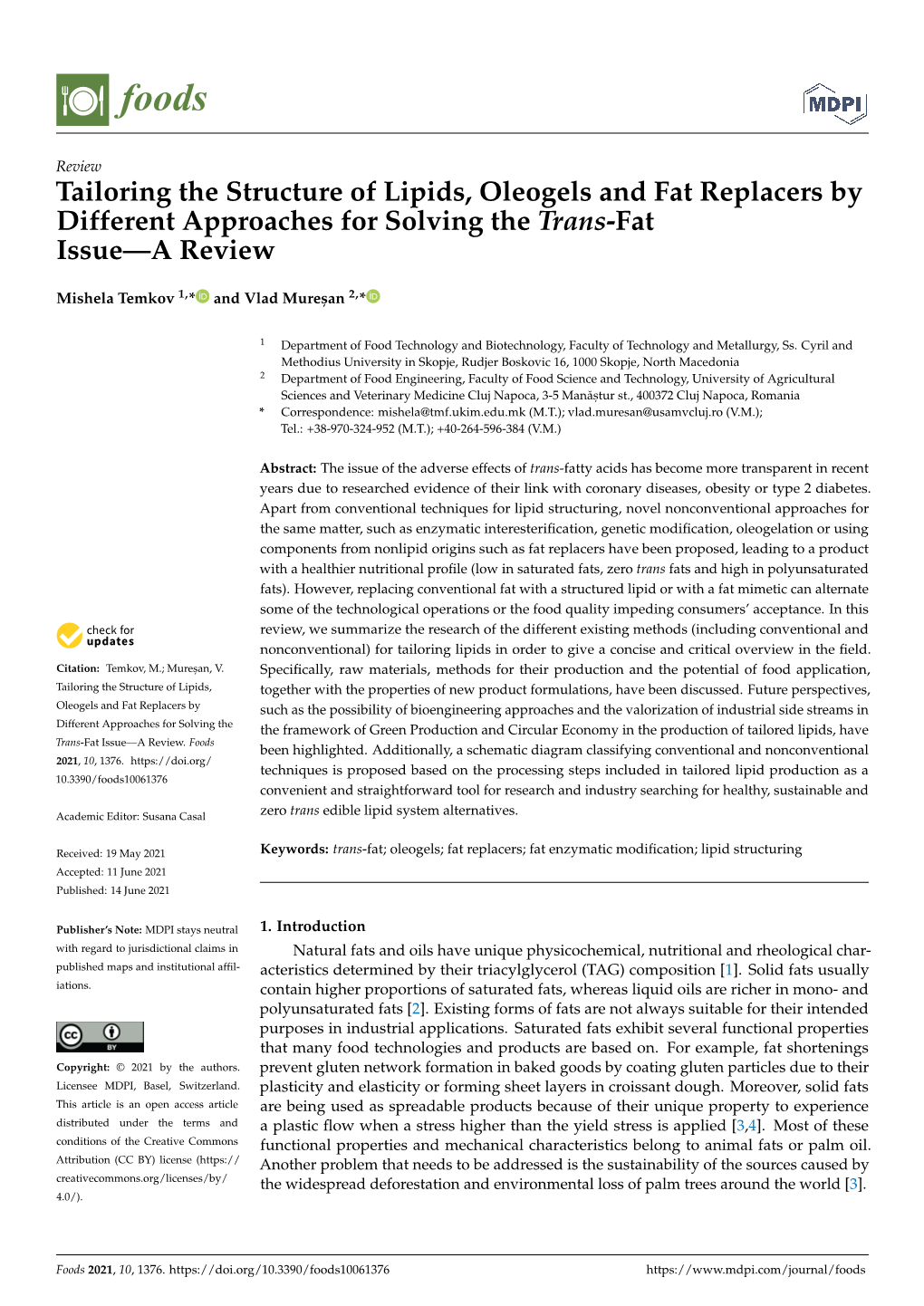 Tailoring the Structure of Lipids, Oleogels and Fat Replacers by Different Approaches for Solving the Trans-Fat Issue—A Review