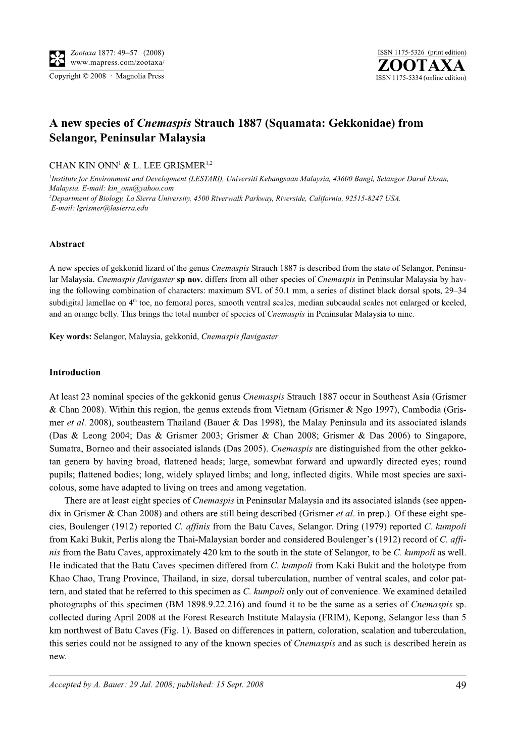 Zootaxa, a New Species of Cnemaspis Strauch 1887