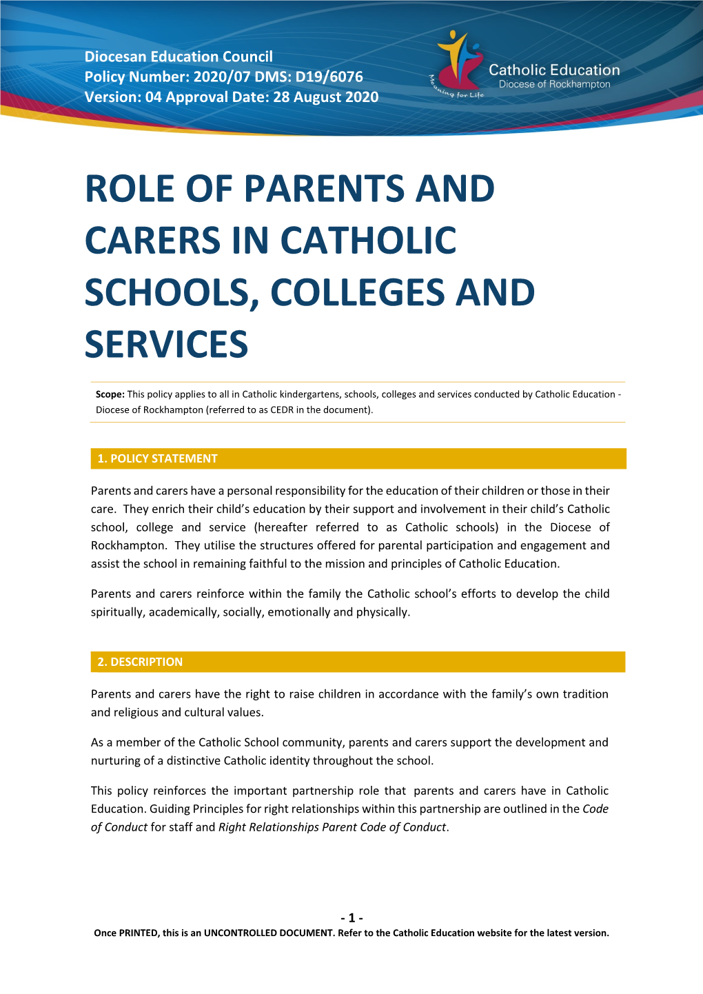 Role of Parents and Carers in Catholic Schools, Colleges and Services
