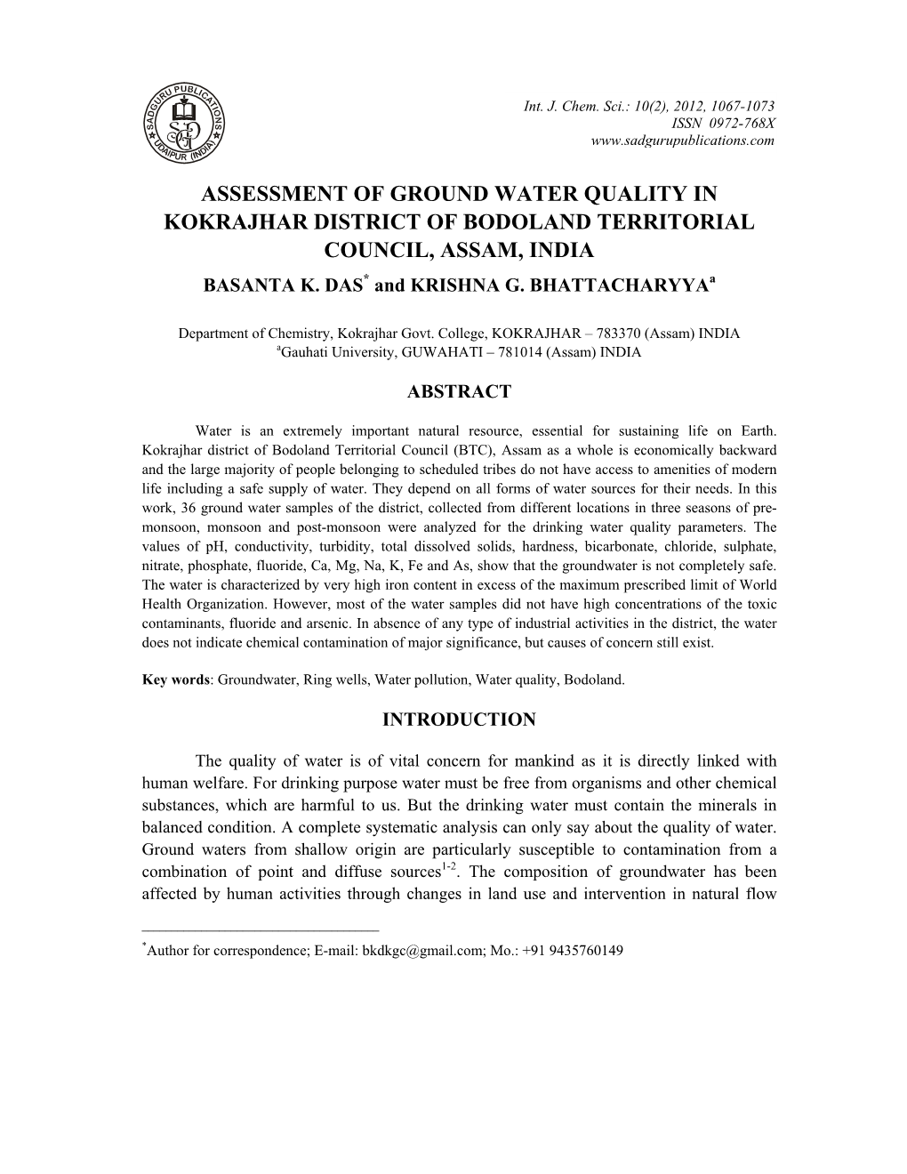 Assessment of Ground Water Quality in Kokrajhar District of Bodoland Territorial Council, Assam, India Basanta K