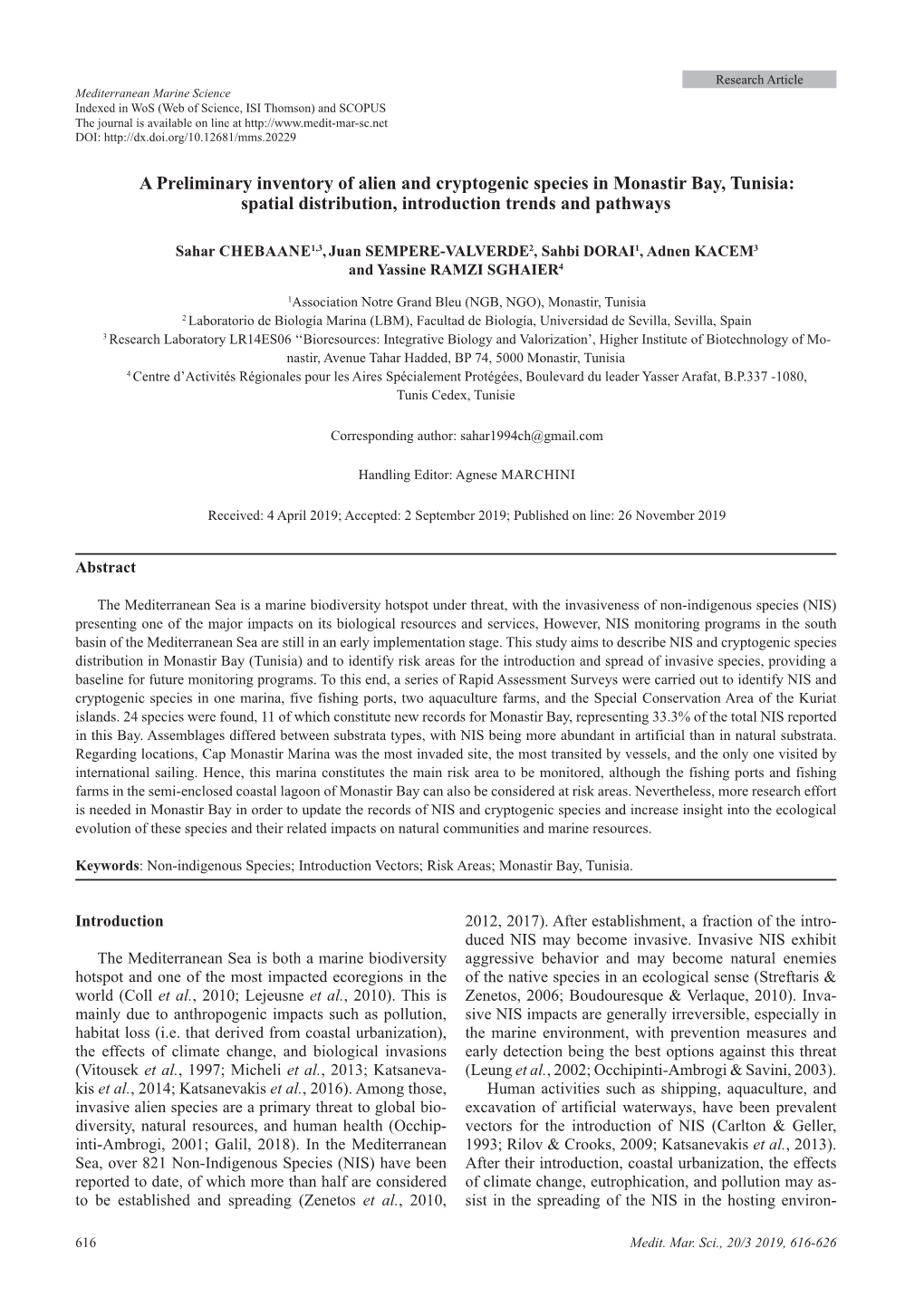 A Preliminary Inventory of Alien and Cryptogenic Species in Monastir Bay, Tunisia: Spatial Distribution, Introduction Trends and Pathways