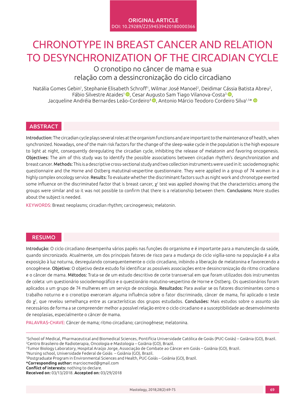 Chronotype in Breast Cancer and Relation To