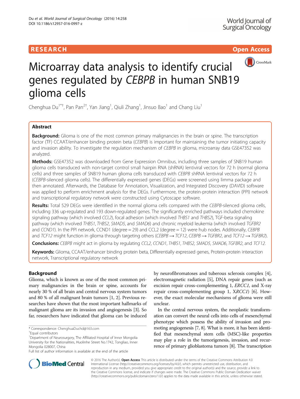 Microarray Data Analysis to Identify Crucial Genes Regulated by CEBPB in Human SNB19 Glioma Cells
