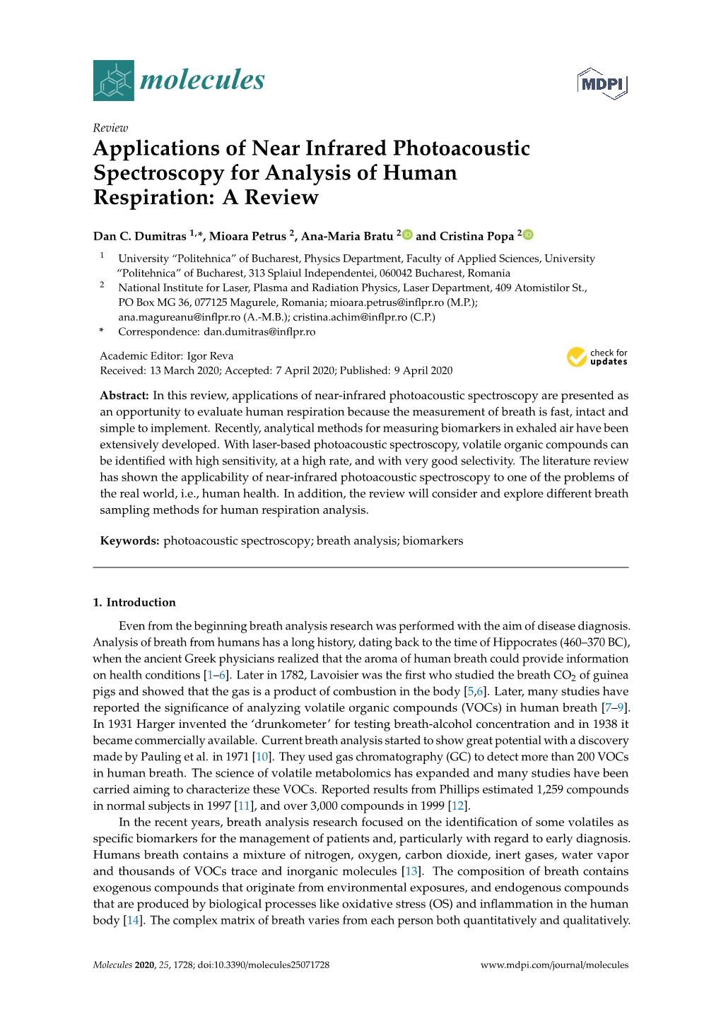 Applications of Near Infrared Photoacoustic Spectroscopy for Analysis of Human Respiration: a Review