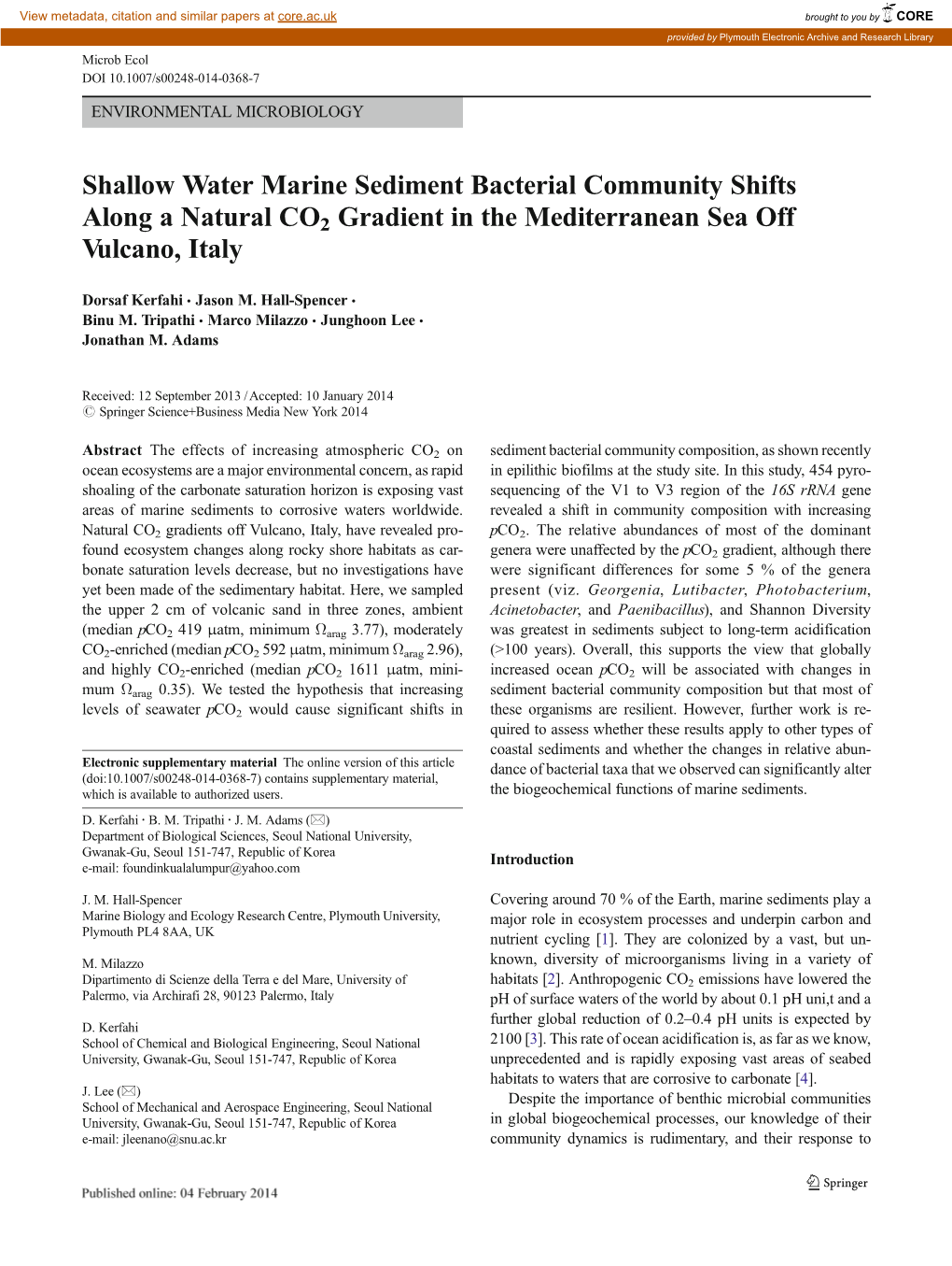 Shallow Water Marine Sediment Bacterial Community Shifts Along a Natural CO2 Gradient in the Mediterranean Sea Off Vulcano, Italy