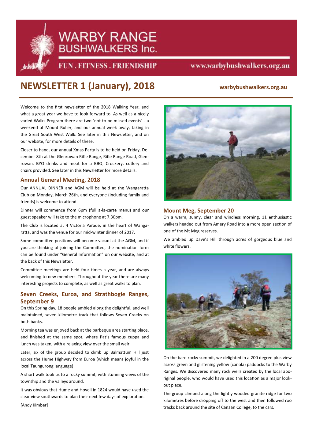 NEWSLETTER 1 (January), 2018 Warbybushwalkers.Org.Au