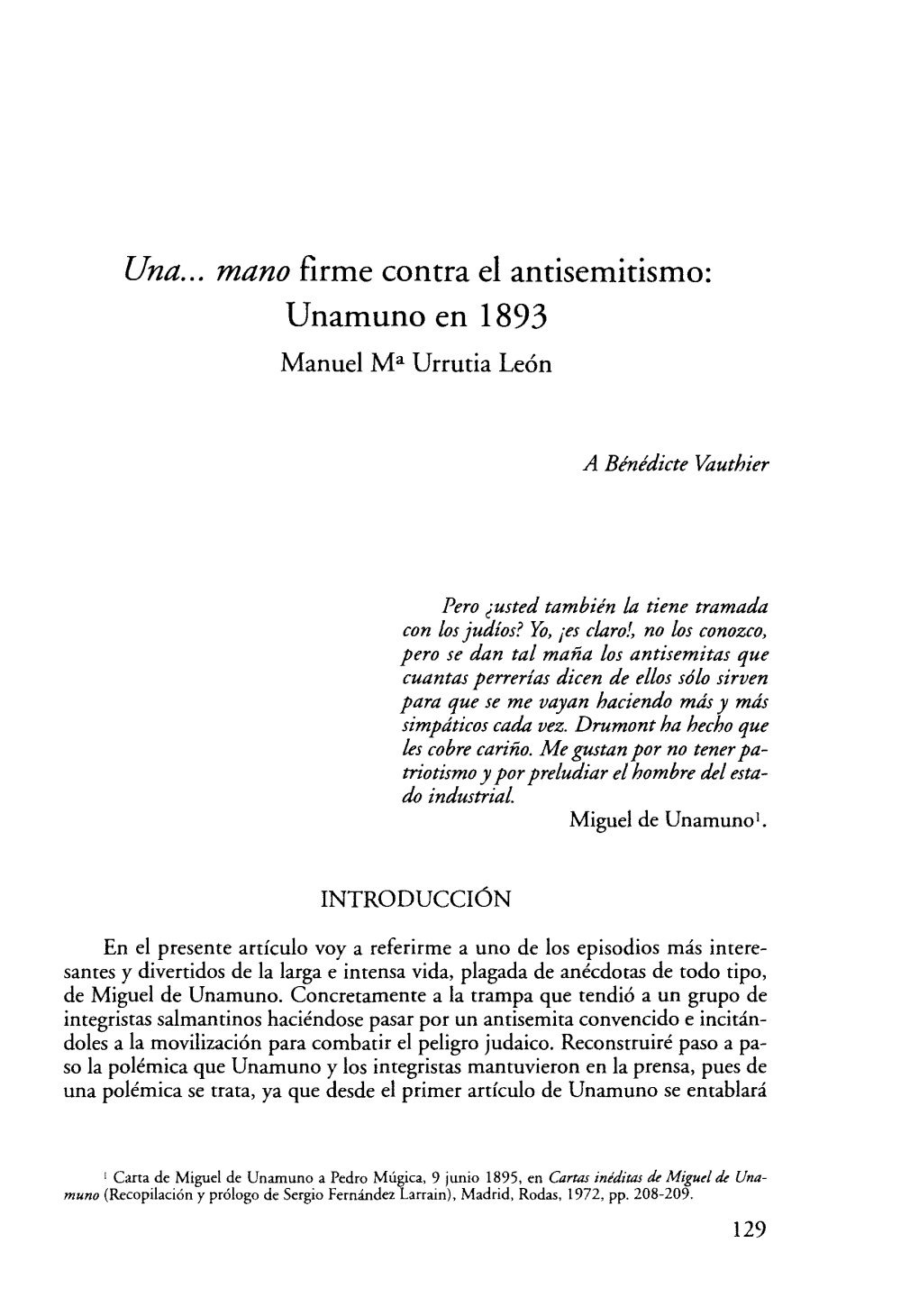 Una... Mano Firme Contra El Antisemitismo: Unamuno En 1893 Manuel M* Urrutia León