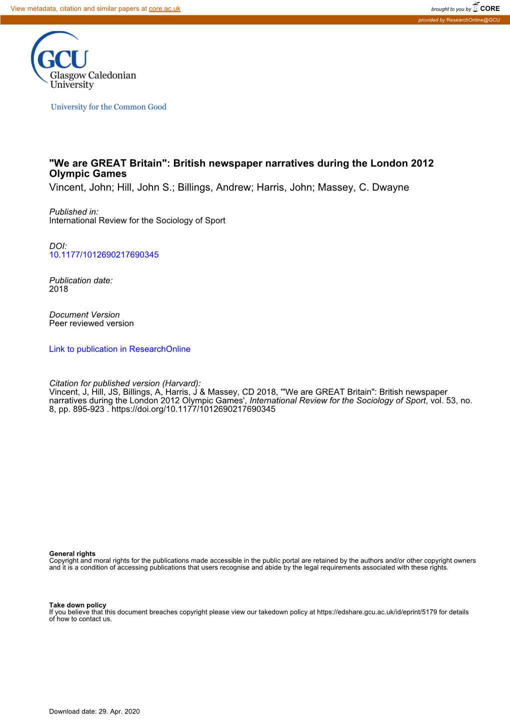 British Newspaper Narratives During the London 2012 Olympic Games Vincent, John; Hill, John S.; Billings, Andrew; Harris, John; Massey, C