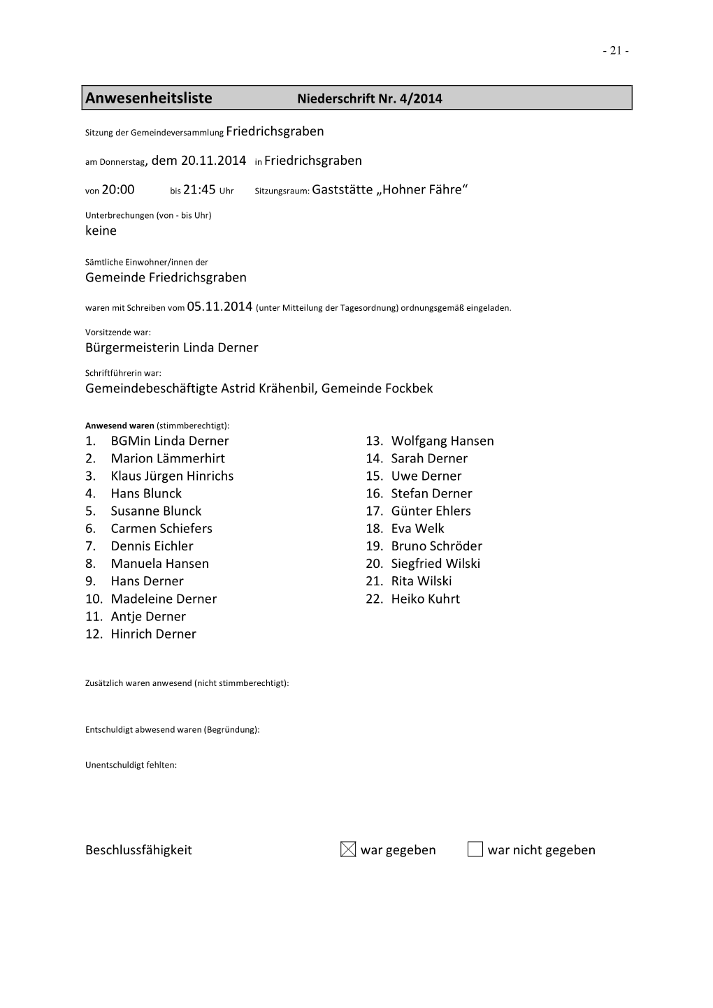 Anwesenheitsliste Niederschrift Nr