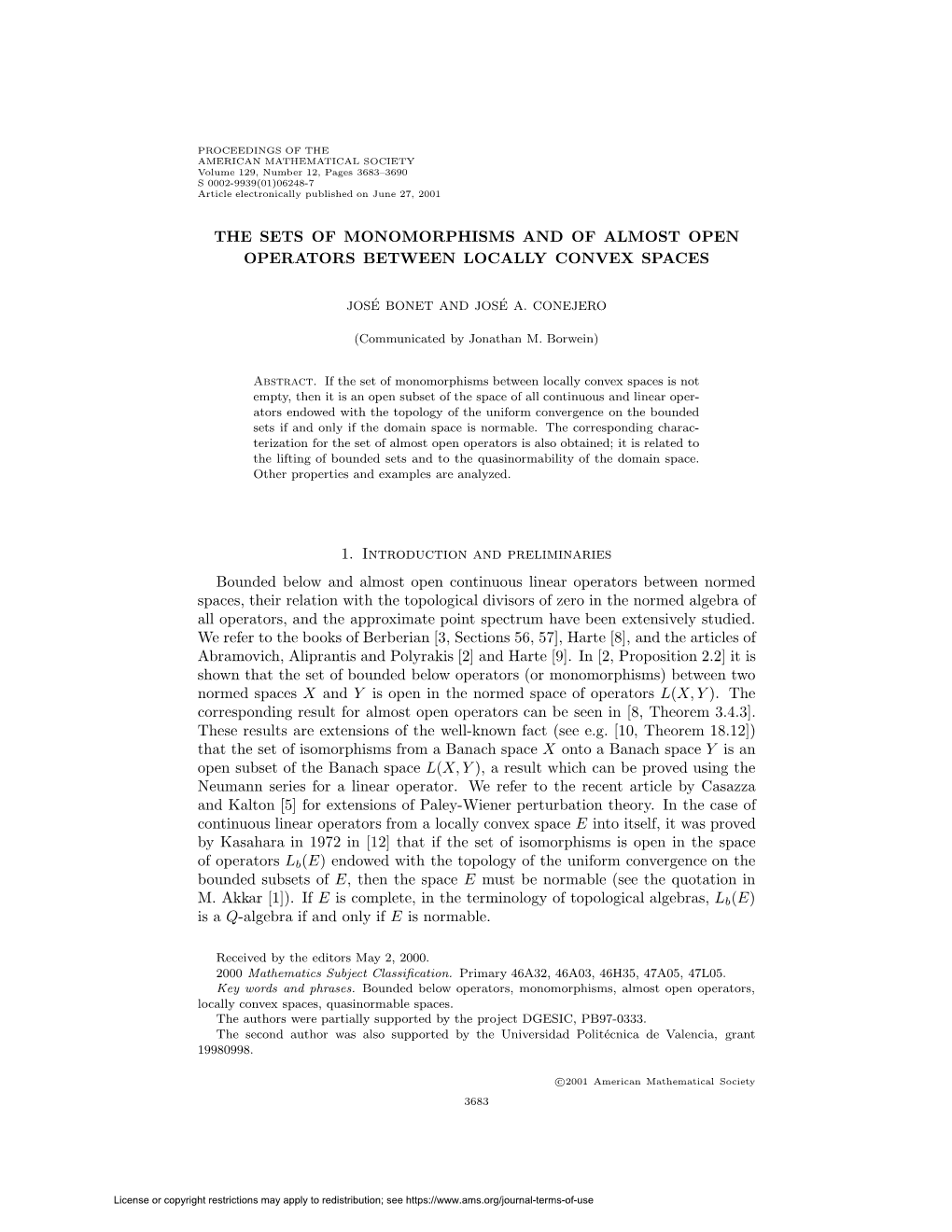 THE SETS of MONOMORPHISMS and of ALMOST OPEN OPERATORS BETWEEN LOCALLY CONVEX SPACES 1. Introduction and Preliminaries Bounded B