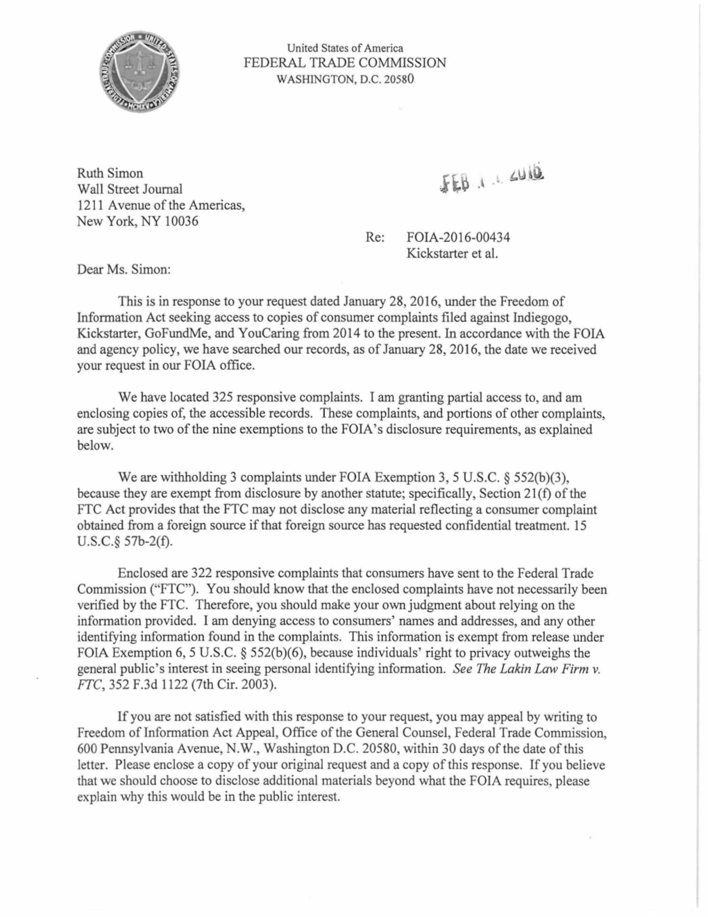 FOIA Request Final Letter Re: Kickstarter Et