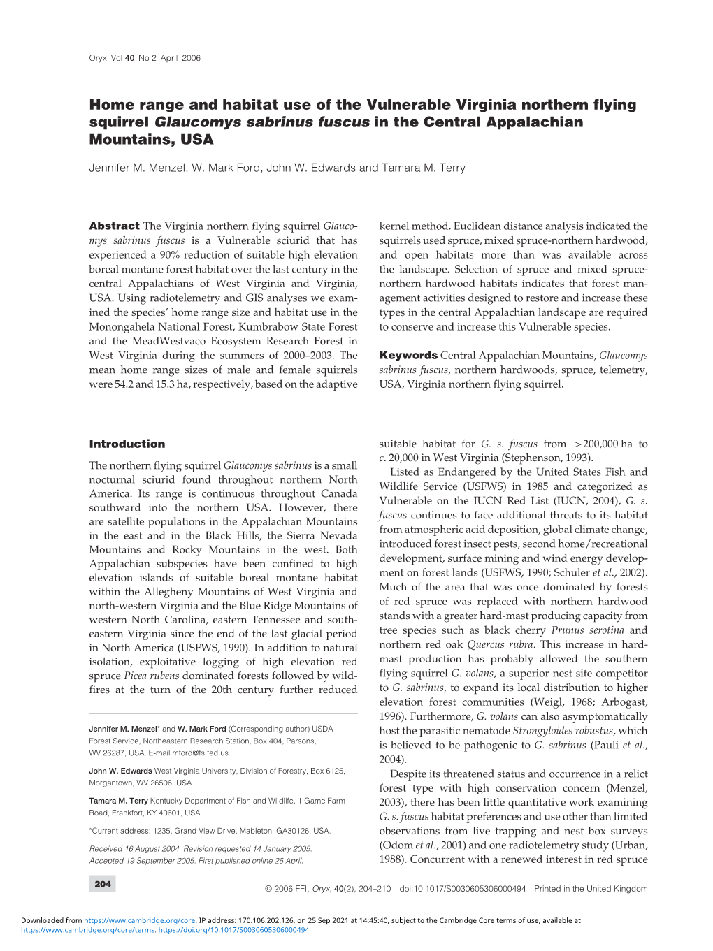 Home Range and Habitat Use of the Vulnerable Virginia Northern Flying Squirrel Glaucomys Sabrinus Fuscus in the Central Appalachian Mountains, USA