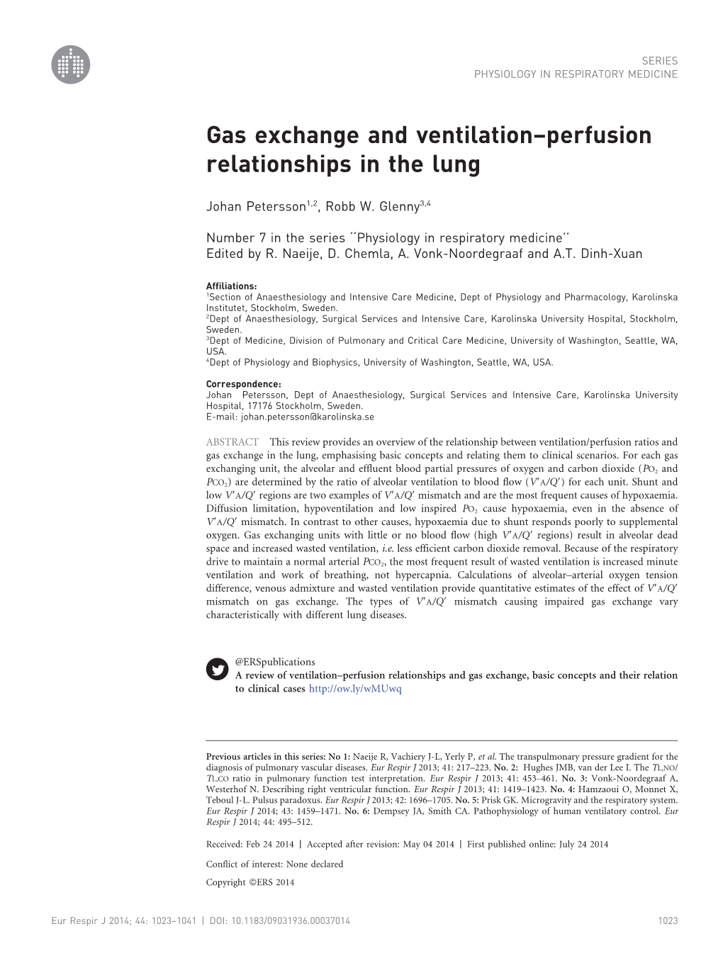 Gas Exchange and Ventilation–Perfusion Relationships in the Lung