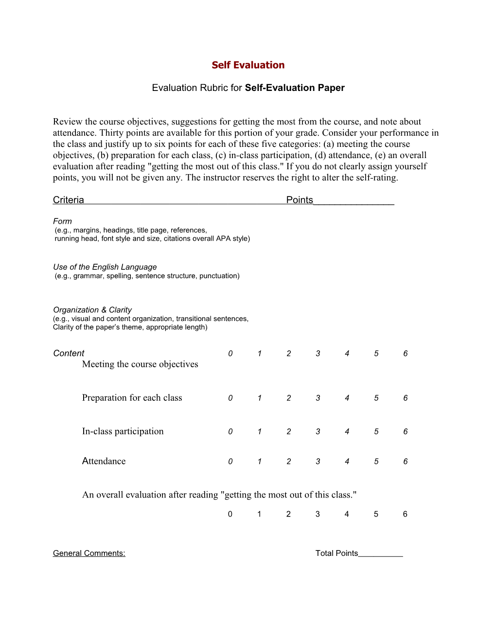 Evaluation Rubric for Self-Evaluation Paper