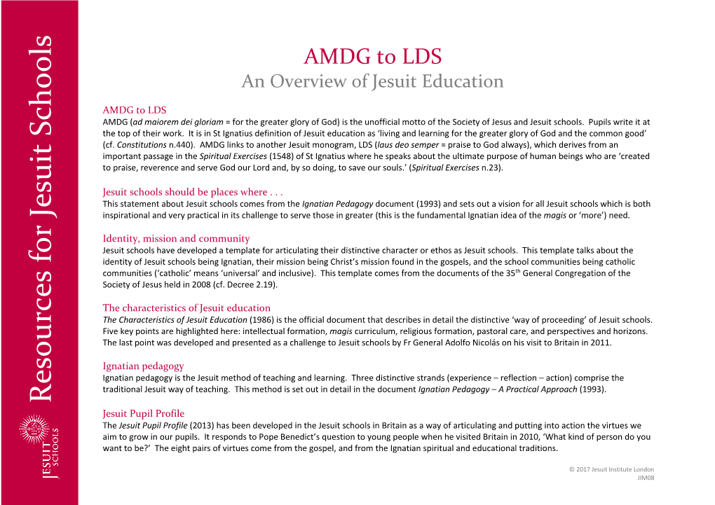 AMDG to LDS an Overview of Jesuit Education