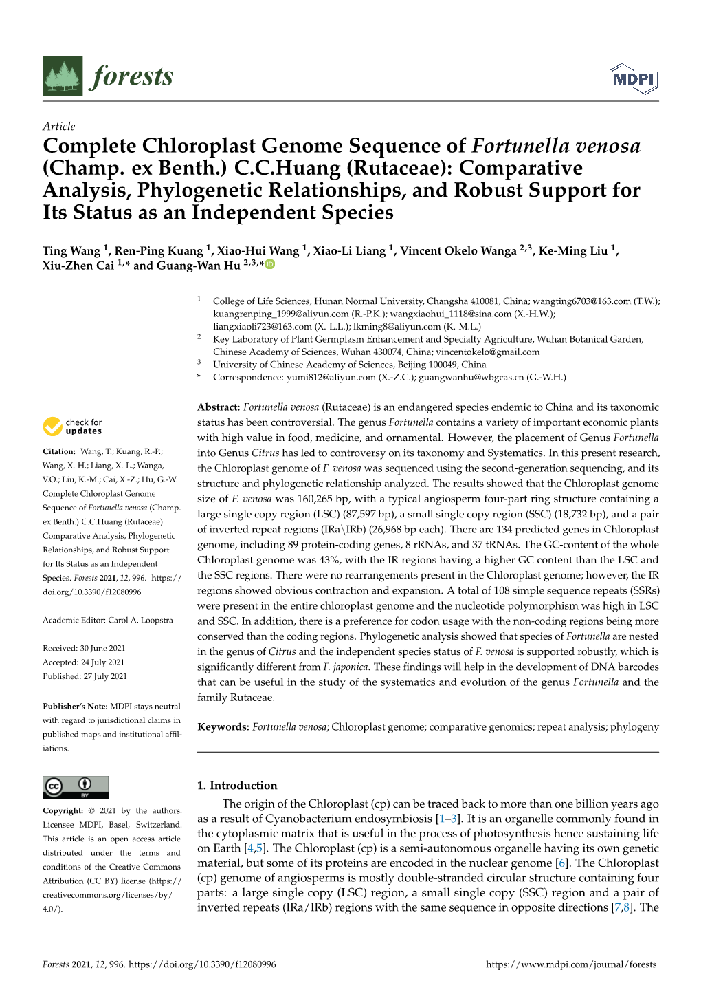 Complete Chloroplast Genome Sequence of Fortunella Venosa (Champ