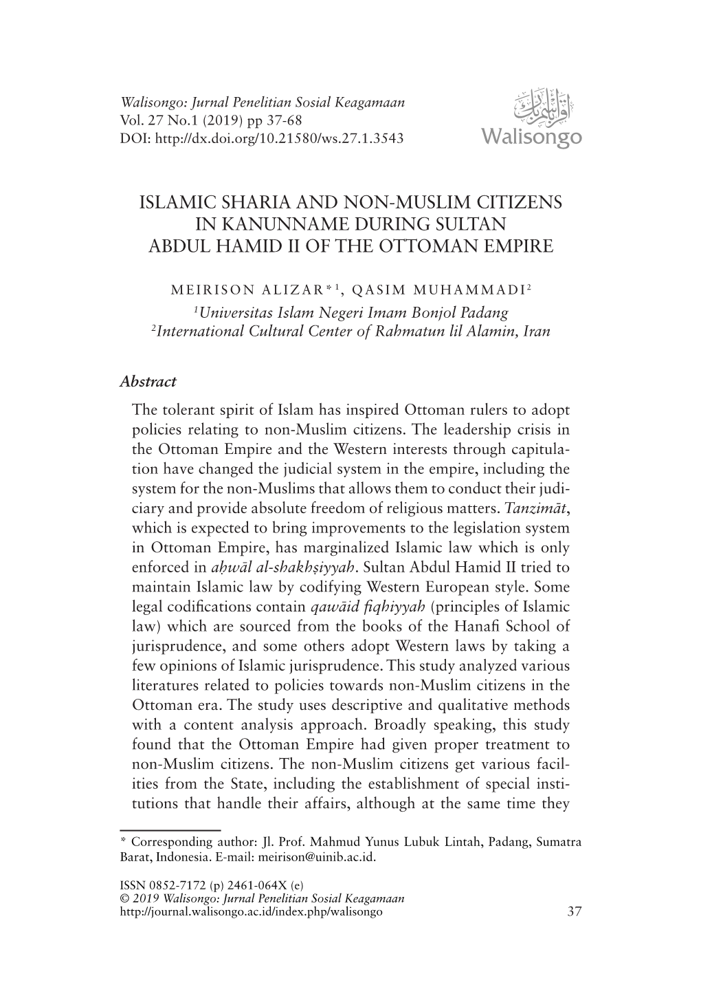 Islamic Sharia and Non-Muslim Citizens in Kanunname During Sultan Abdul Hamid Ii of the Ottoman Empire