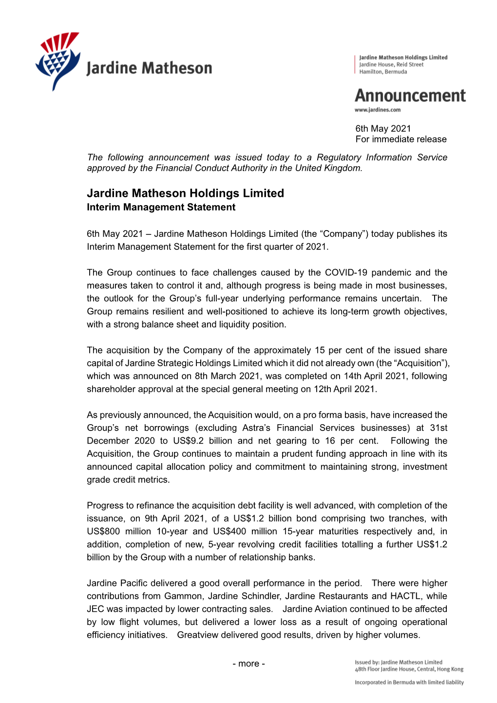 Jardine Matheson Holdings Limited Interim Management Statement