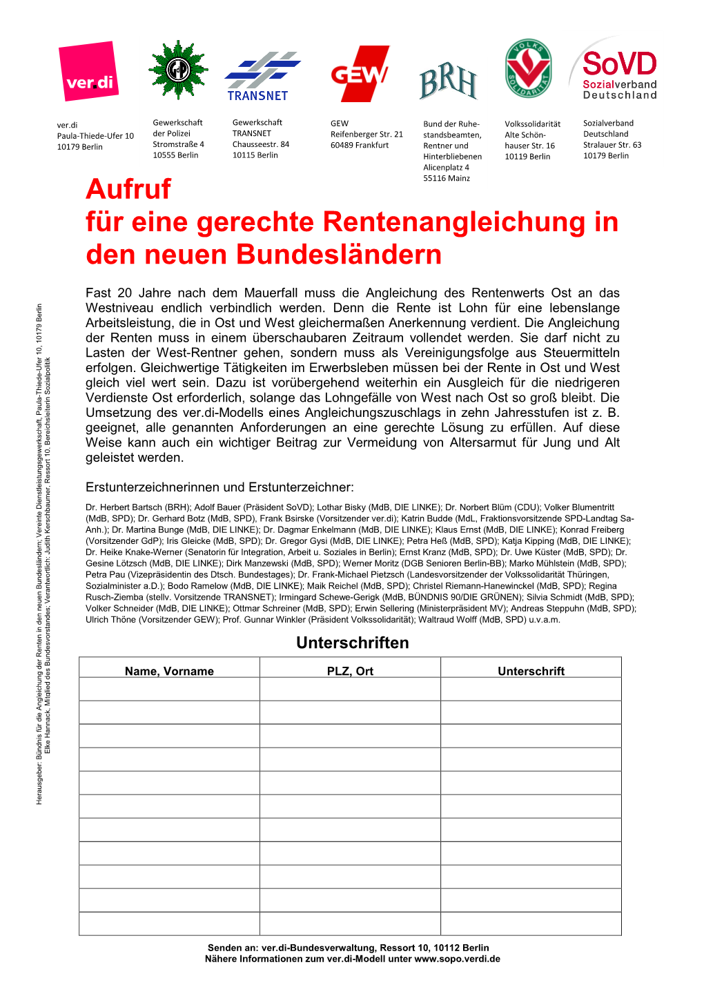 Aufruf Für Eine Gerechte Rentenangleichung in Den Neuen