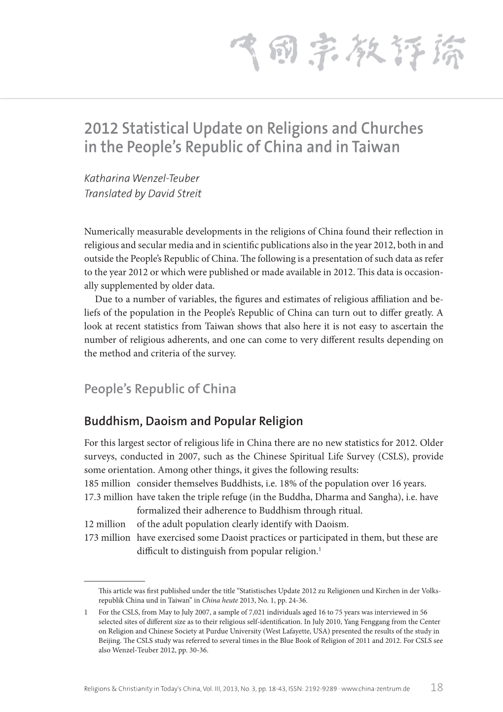 2012 Statistical Update on Religions and Churches in the People’S Republic of China and in Taiwan