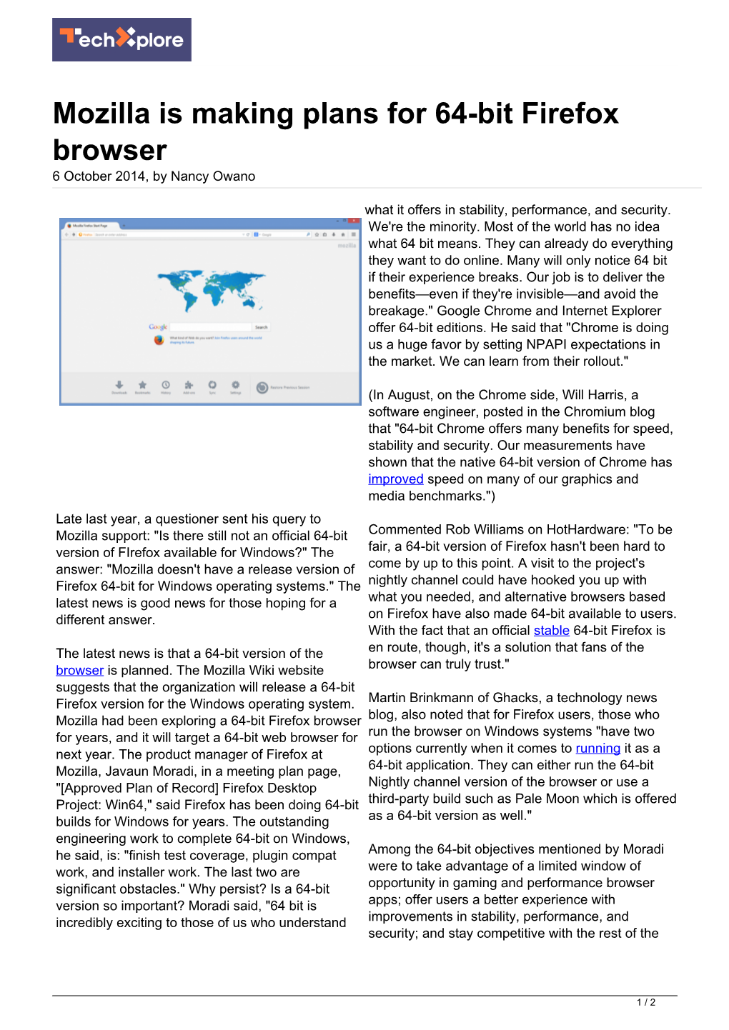 Mozilla Is Making Plans for 64-Bit Firefox Browser 6 October 2014, by Nancy Owano
