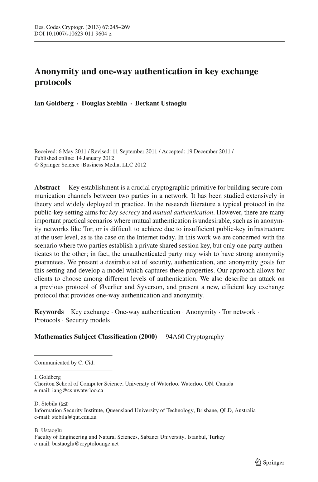 Anonymity and One-Way Authentication in Key Exchange Protocols