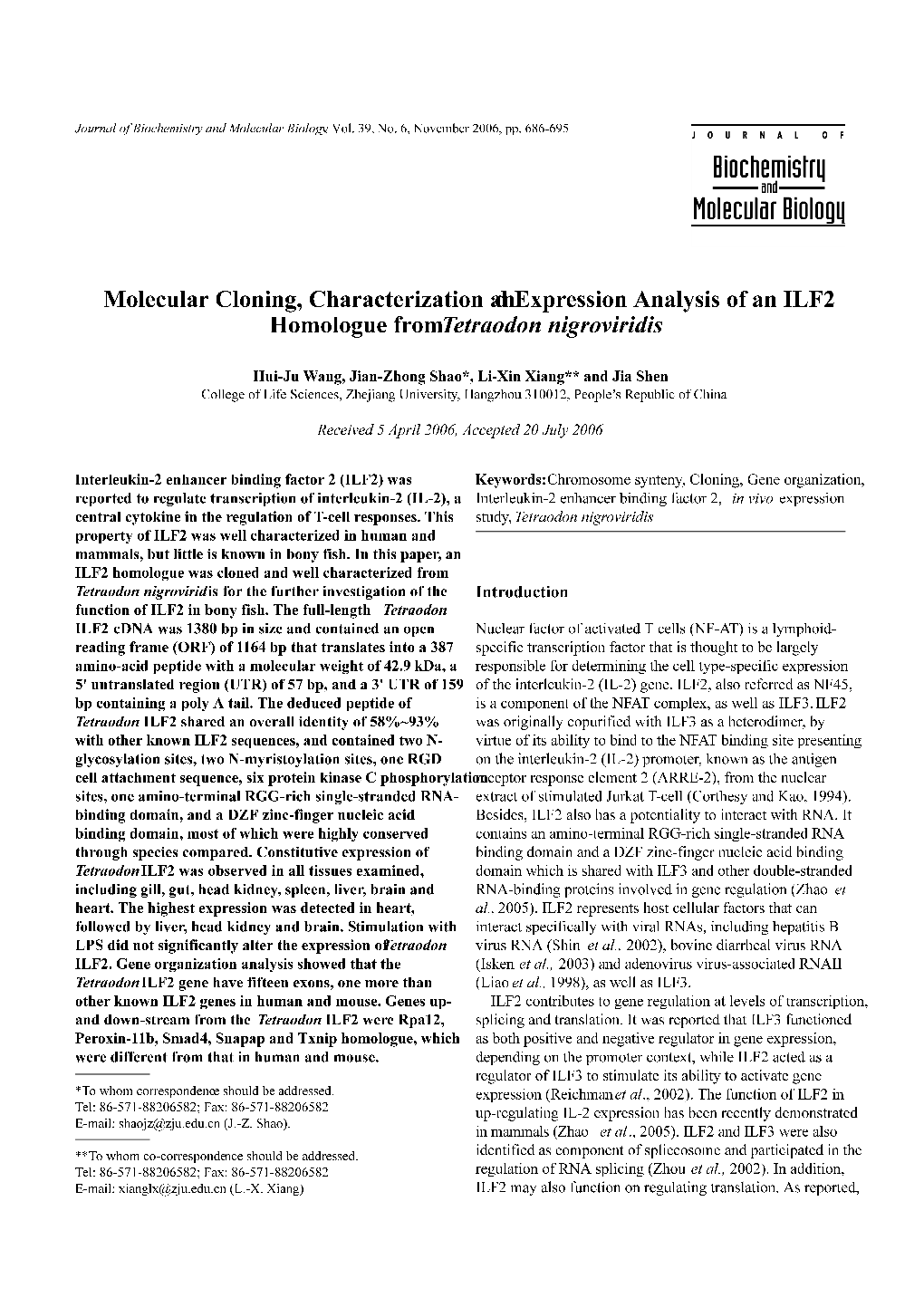 Molecular Cloning, Characterization and Expression Analysis of an ILF2 Homologue from Tetraodon Nigroviridis