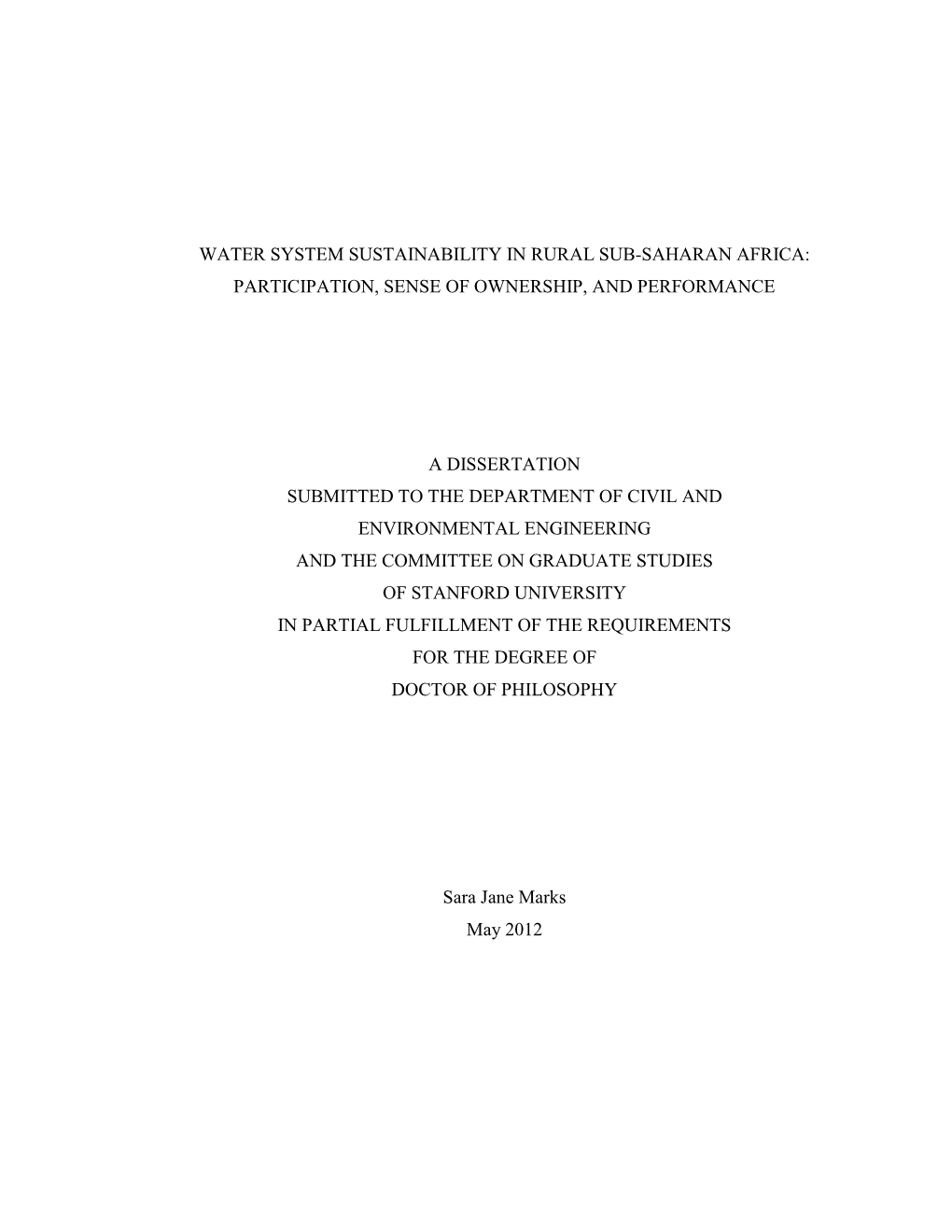 Water System Sustainability in Rural Sub-Saharan Africa: Participation, Sense of Ownership, and Performance