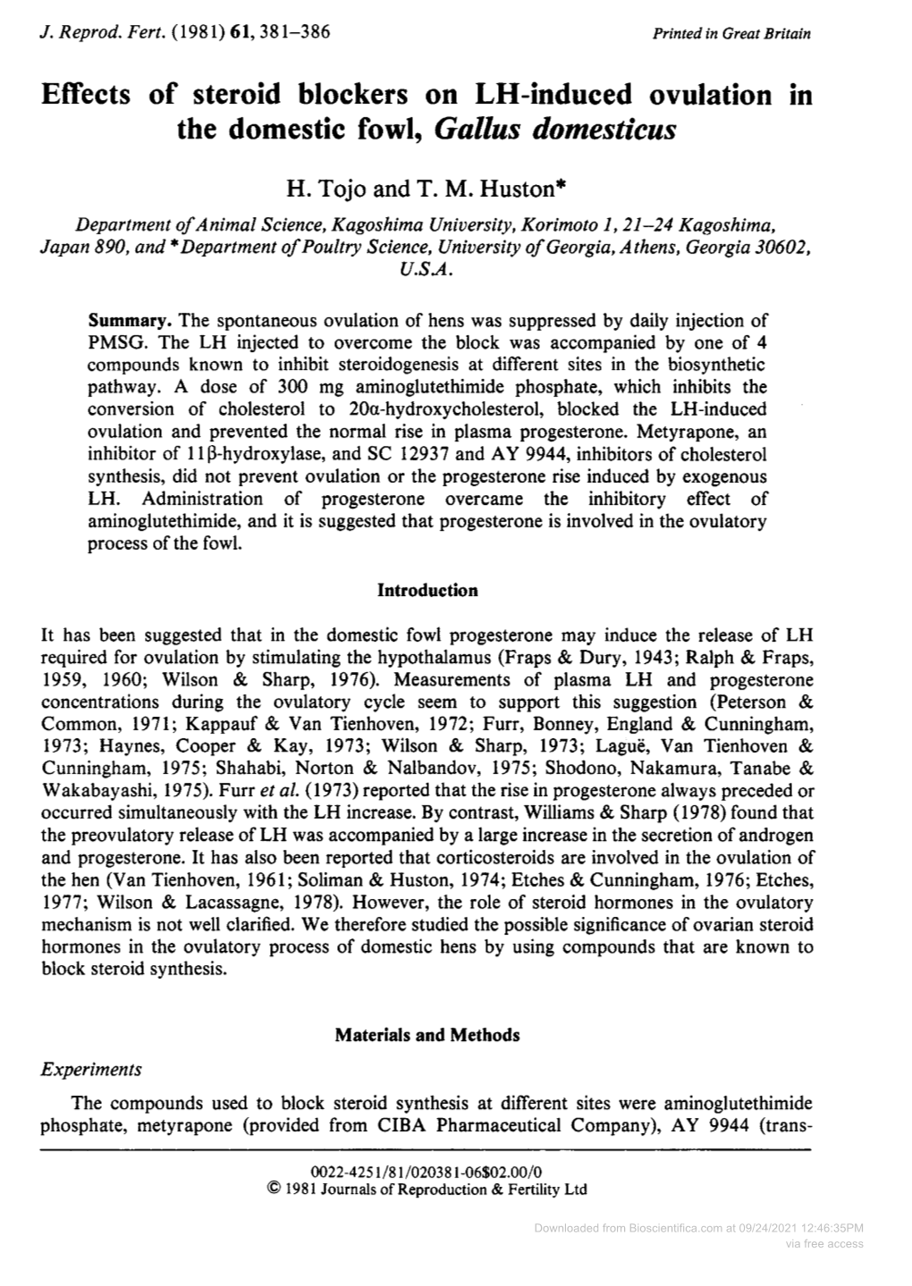 Effects of Steroid Blockers on LH-Induced Ovulation in the Domestic Fowl, Gallus Domesticus H