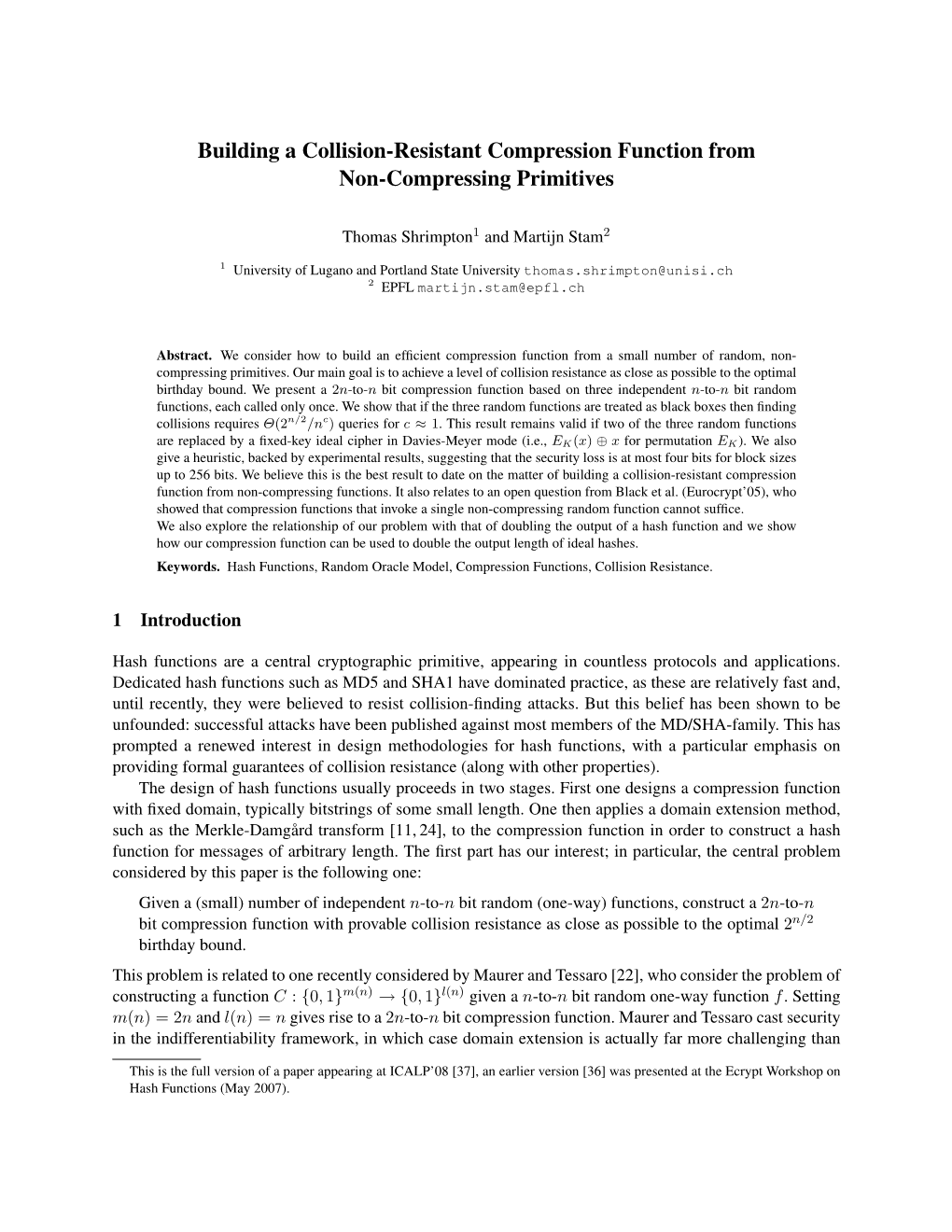 Building a Collision-Resistant Compression Function from Non-Compressing Primitives