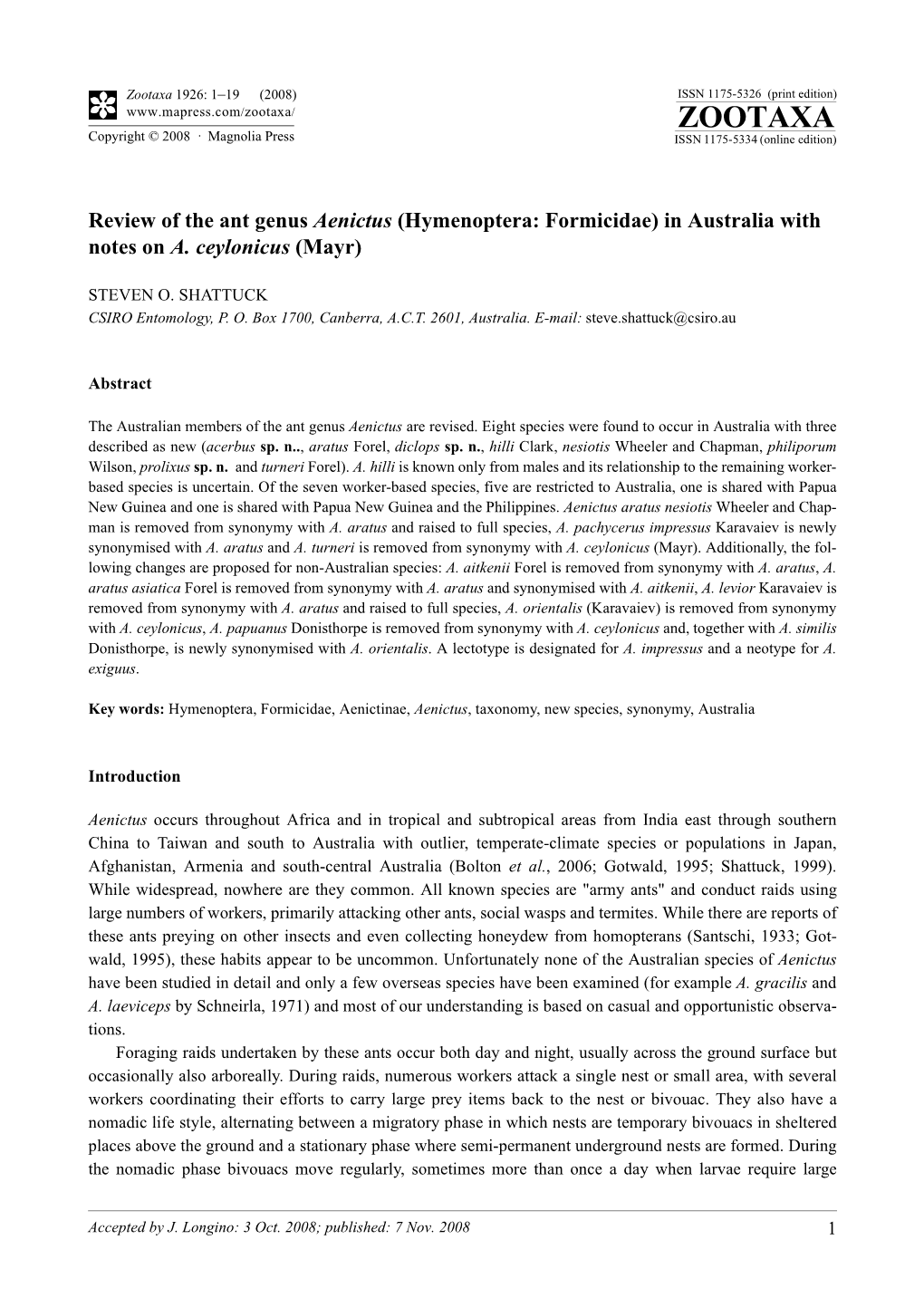 Zootaxa, Review of the Ant Genus Aenictus (Hymenoptera: Formicidae) in Australia with