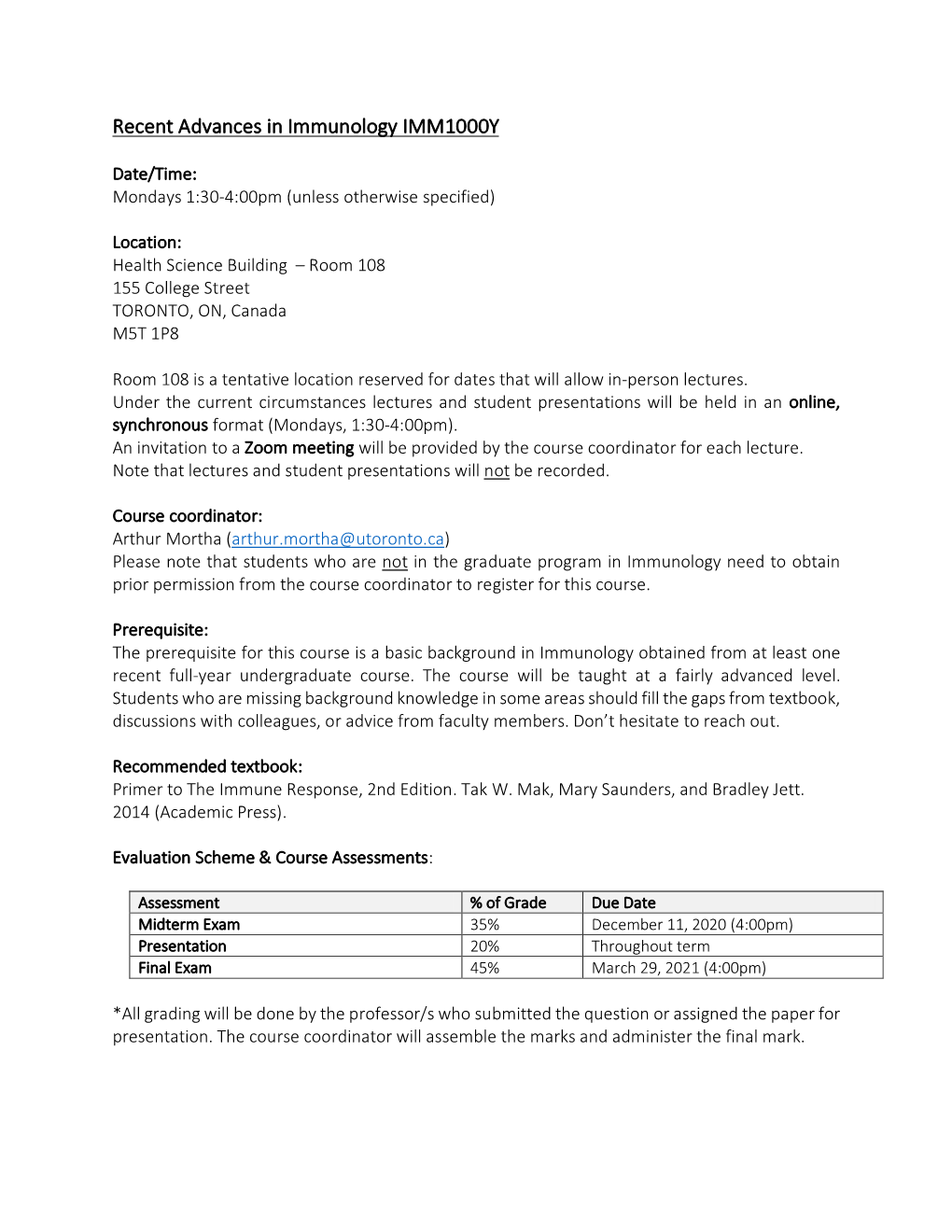 Recent Advances in Immunology IMM1000Y-Syllabus