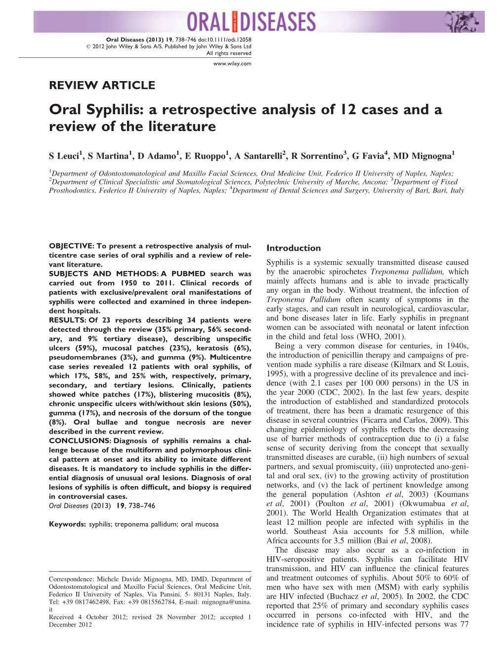 Oral Syphilis: a Retrospective Analysis of 12 Cases and a Review of the Literature