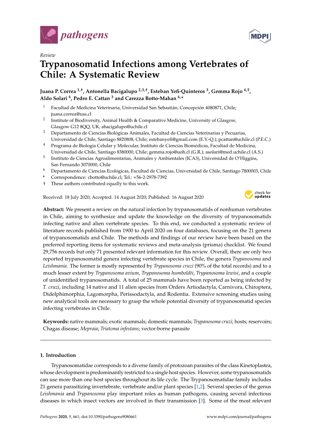 Trypanosomatid Infections Among Vertebrates of Chile: a Systematic Review