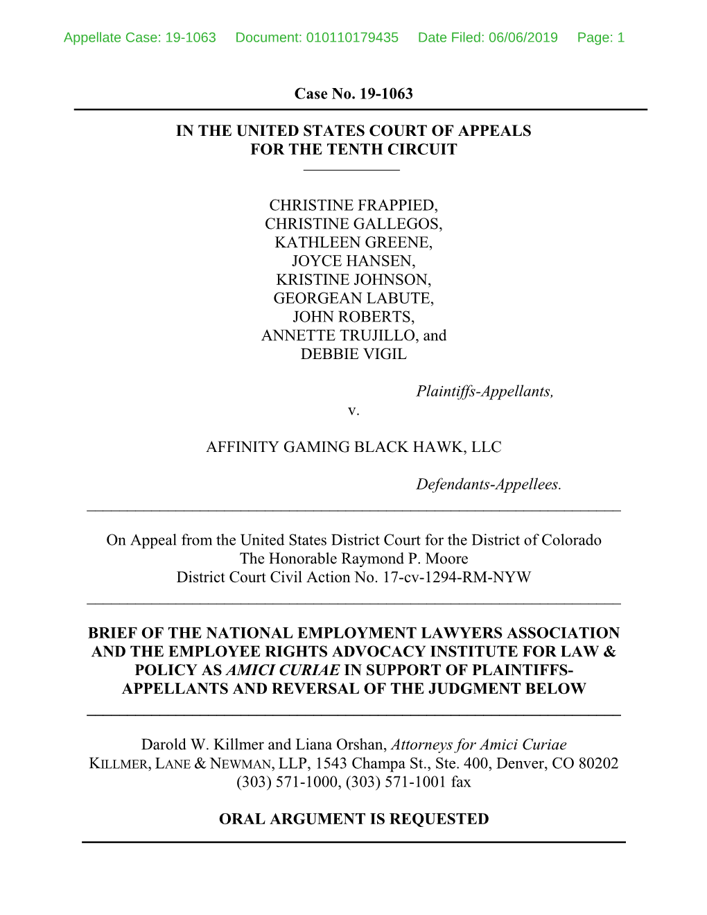 Case No. 19-1063 in the UNITED STATES COURT of APPEALS
