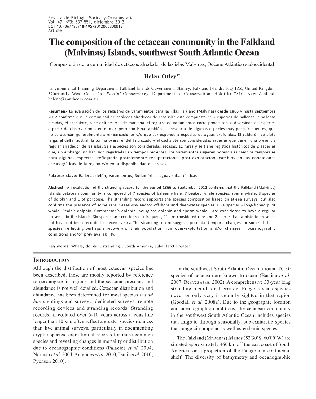 The Composition of the Cetacean Community in the Falkland