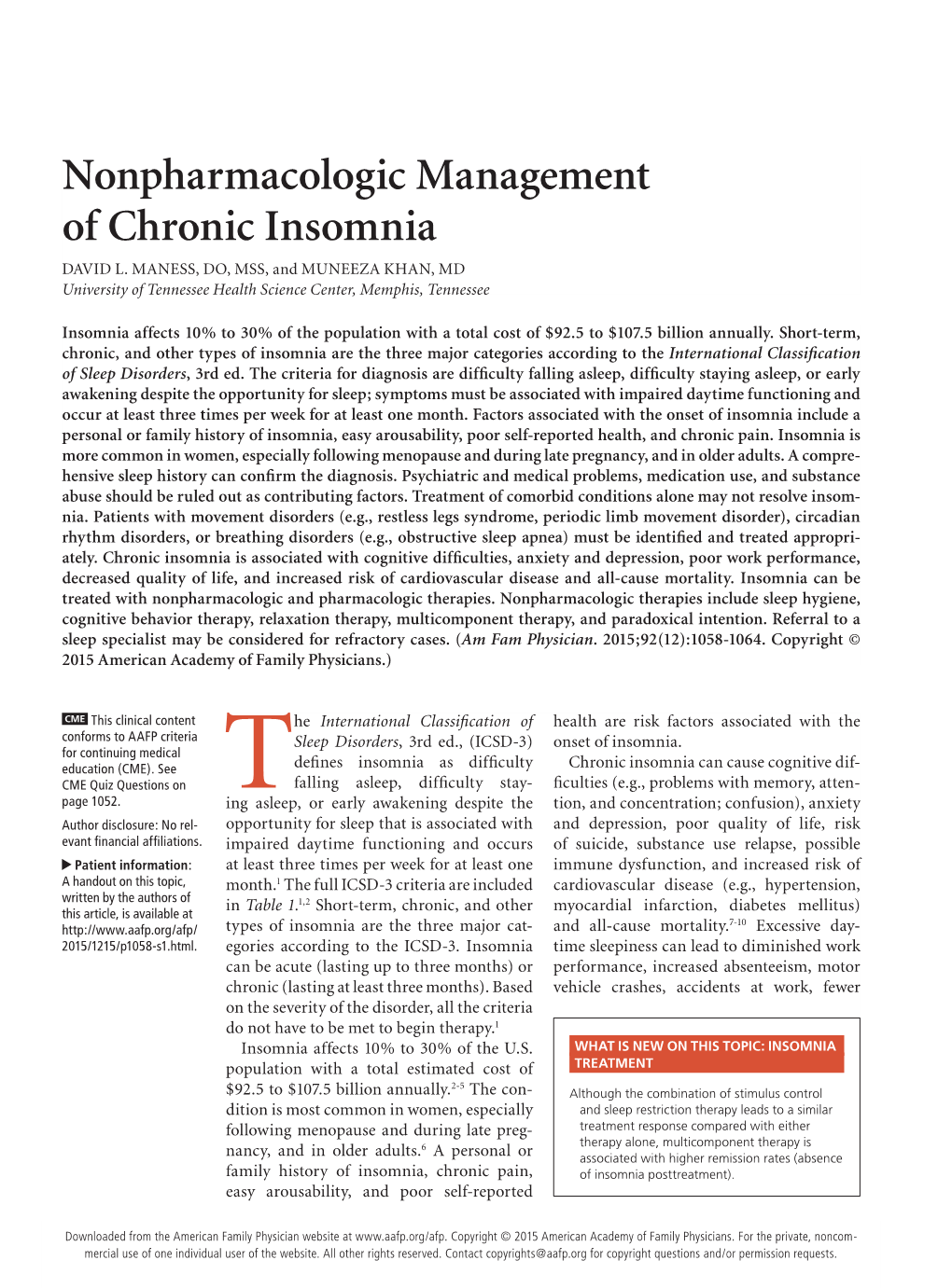 Nonpharmacologic Management of Chronic Insomnia DAVID L