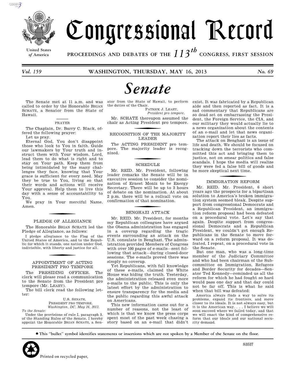 Congressional Record United States Th of America PROCEEDINGS and DEBATES of the 113 CONGRESS, FIRST SESSION