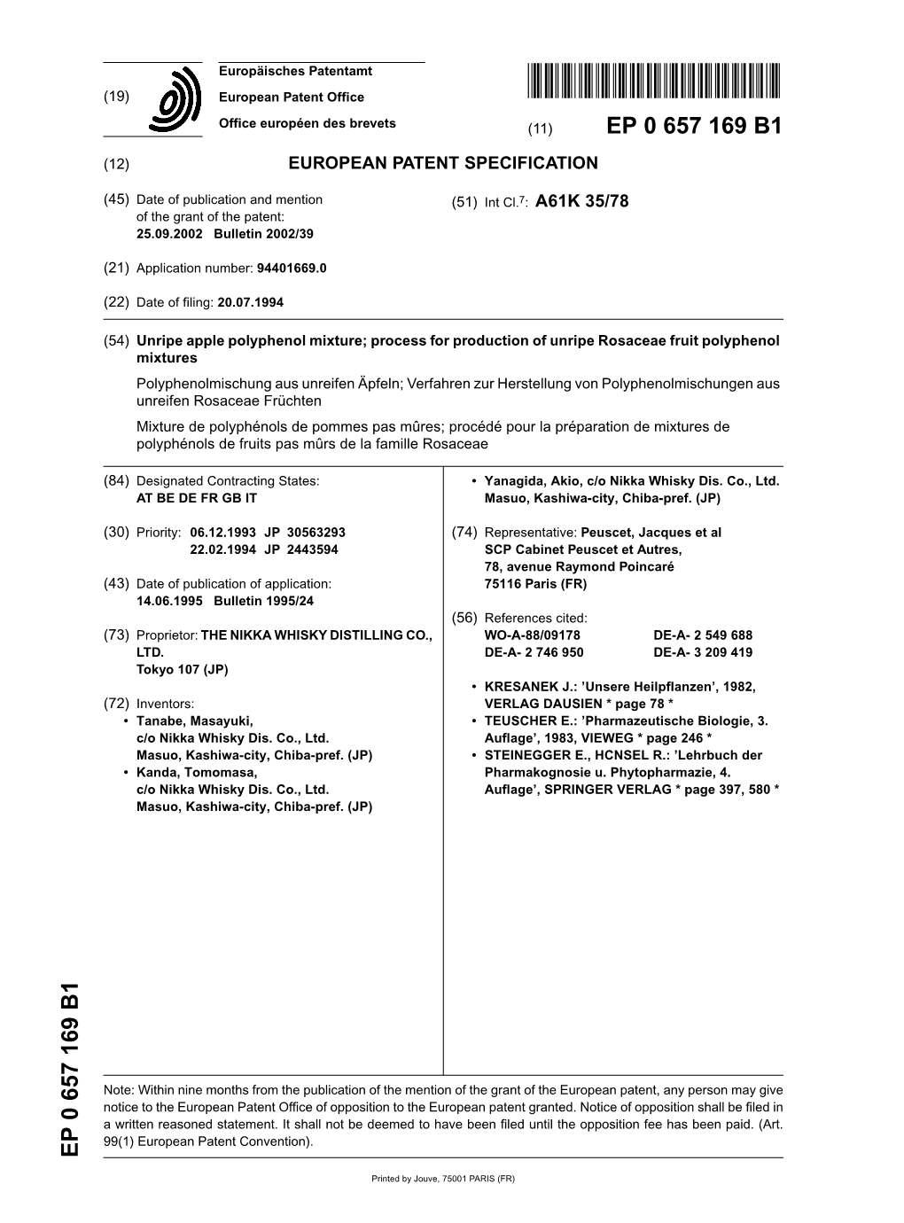 Unripe Apple Polyphenol Mixture; Process for Production of Unripe