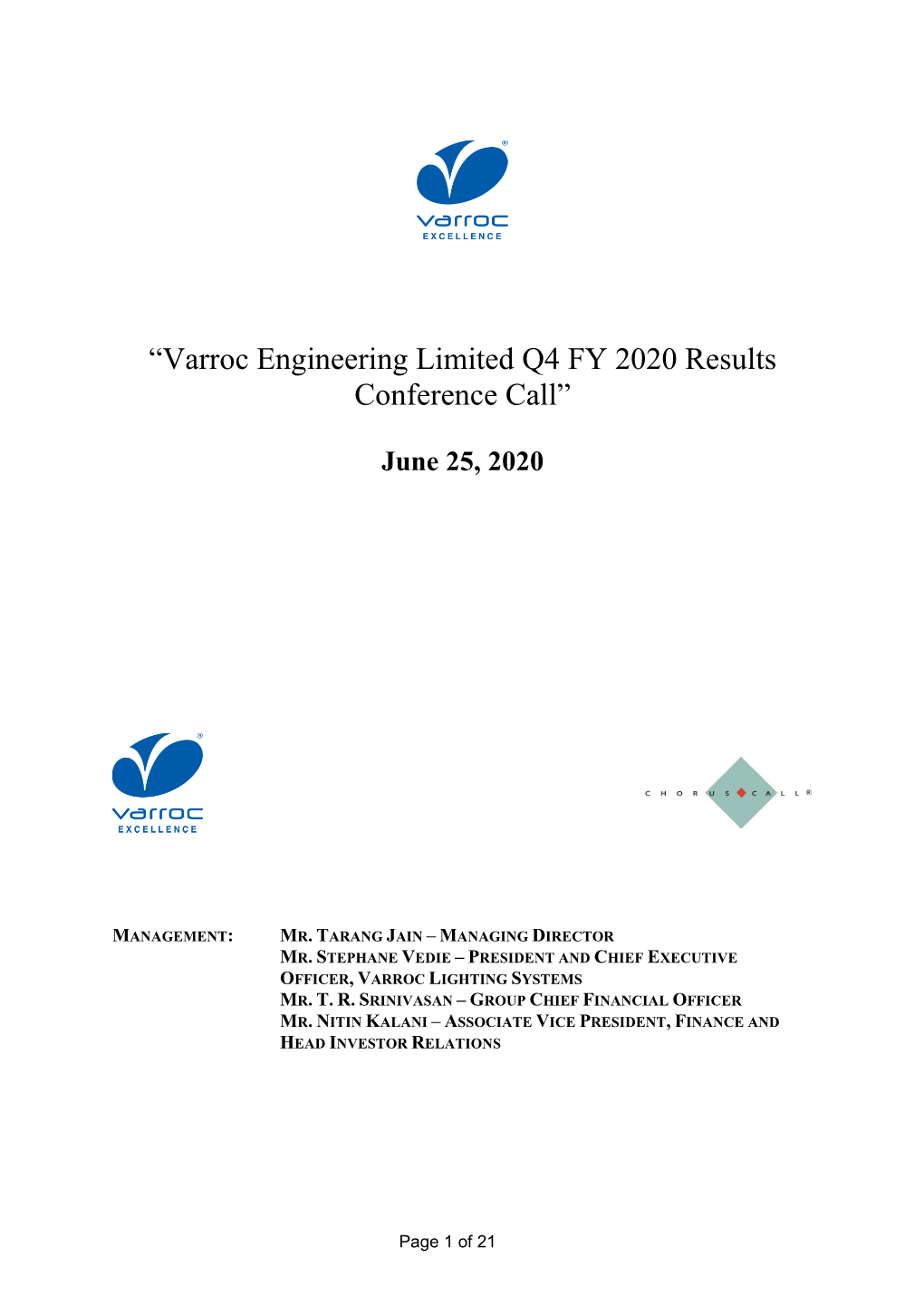 “Varroc Engineering Limited Q4 FY 2020 Results Conference Call”