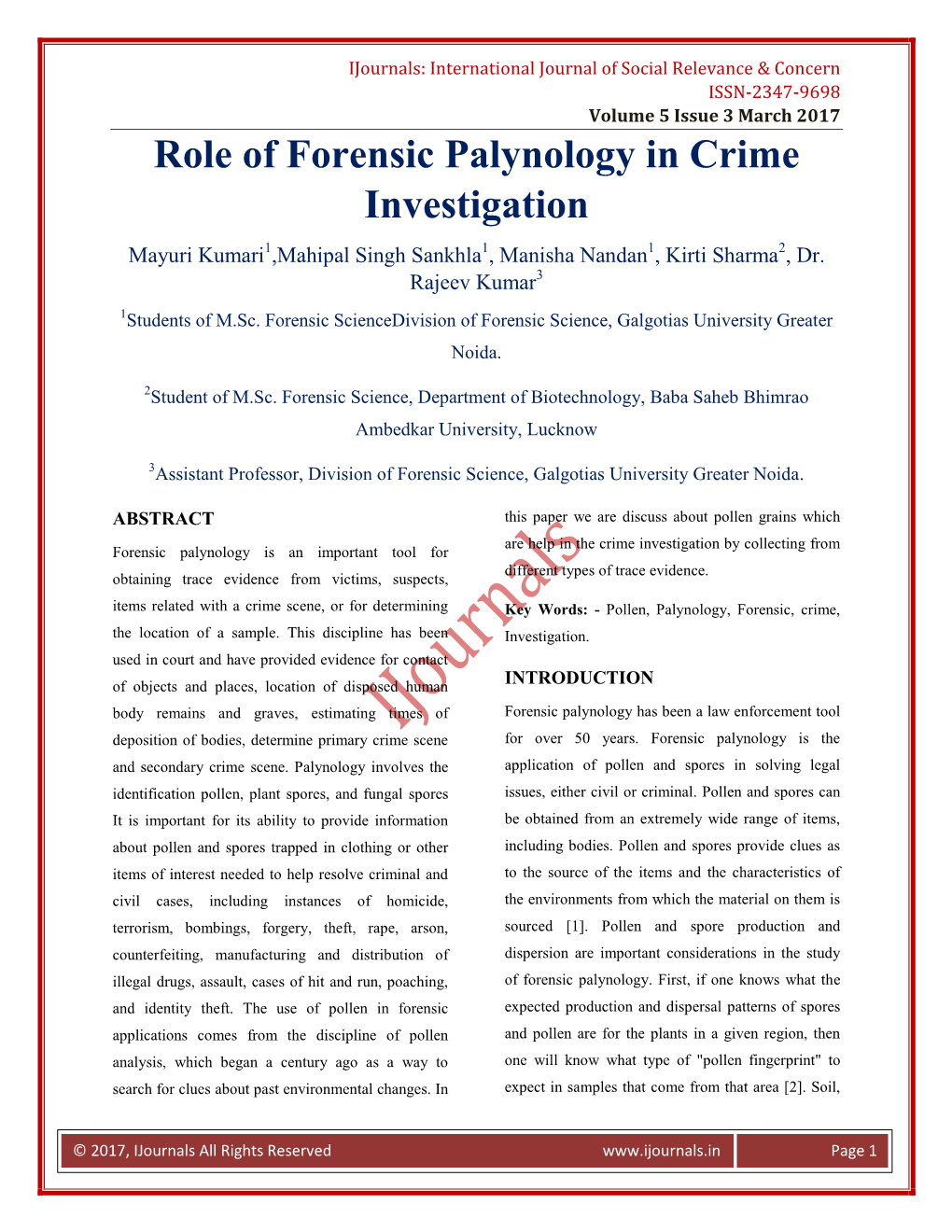 Role of Forensic Palynology in Crime Investigation Mayuri Kumari1,Mahipal Singh Sankhla1, Manisha Nandan1, Kirti Sharma2, Dr