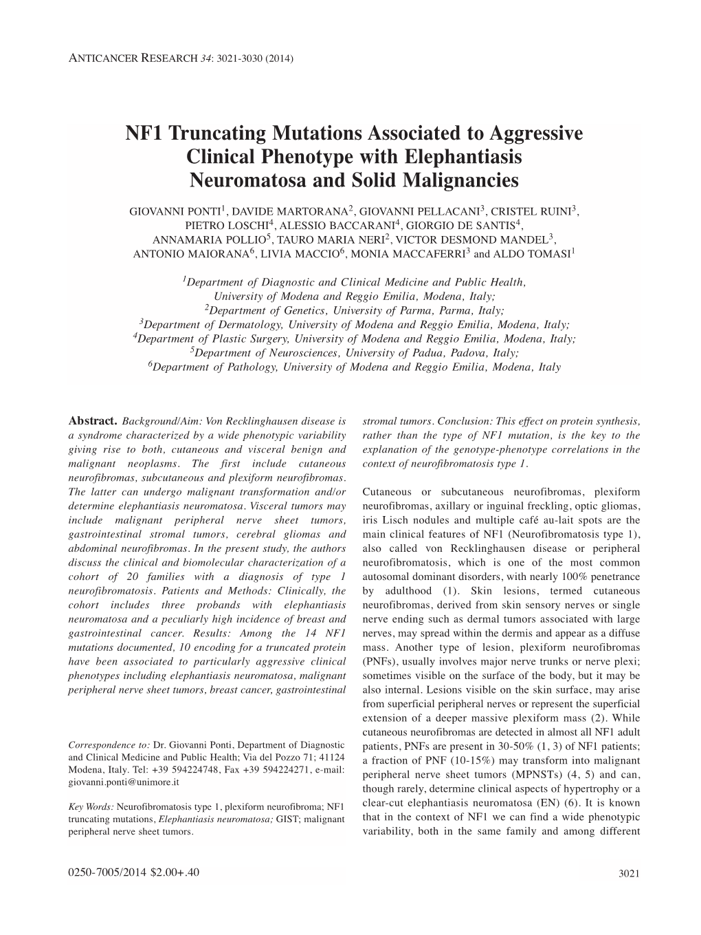 NF1 Truncating Mutations Associated to Aggressive Clinical Phenotype with Elephantiasis Neuromatosa and Solid Malignancies