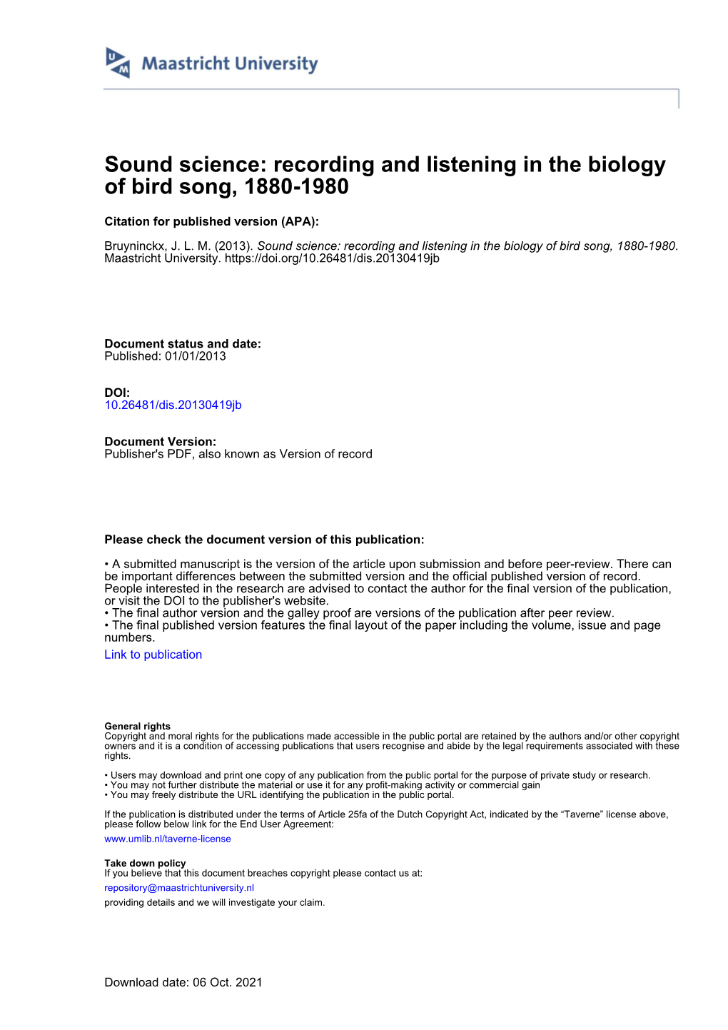 Sound Science: Recording and Listening in the Biology of Bird Song, 1880-1980