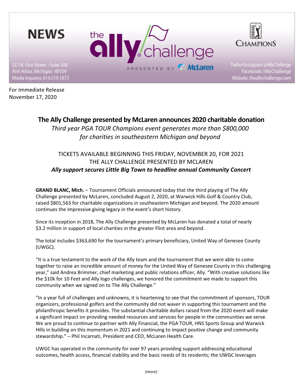 The Ally Challenge Presented by Mclaren Announces 2020