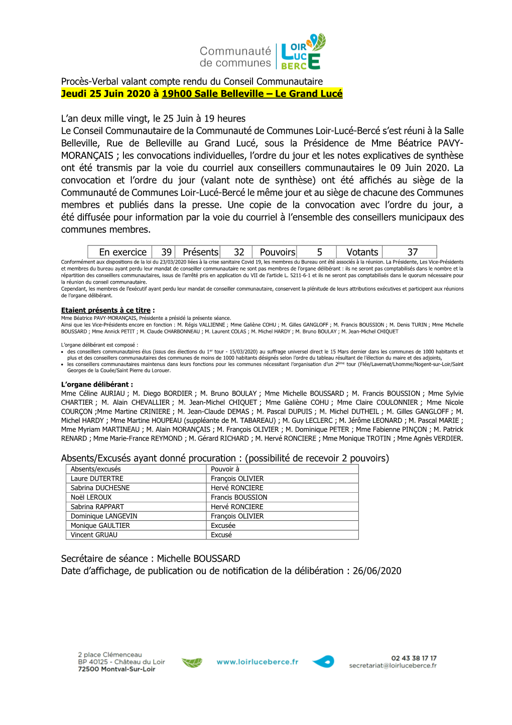 Procès-Verbal Valant Compte Rendu Du Conseil Communautaire Jeudi 25 Juin 2020 À 19H00 Salle Belleville – Le Grand Lucé