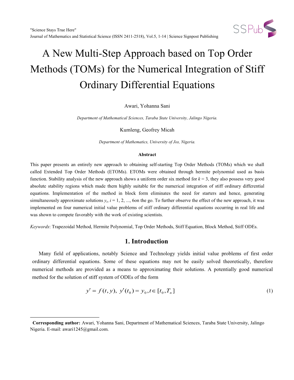 A New Multi-Step Approach Based on Top Order Methods (Toms) for the Numerical Integration of Stiff Ordinary Differential Equations